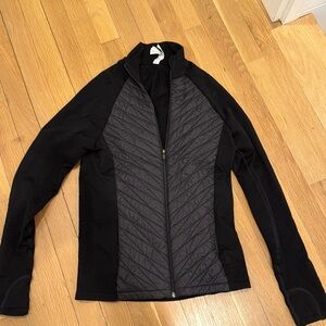 Athleta women’s black zip up jacket mixed media, warm, exc. condition.